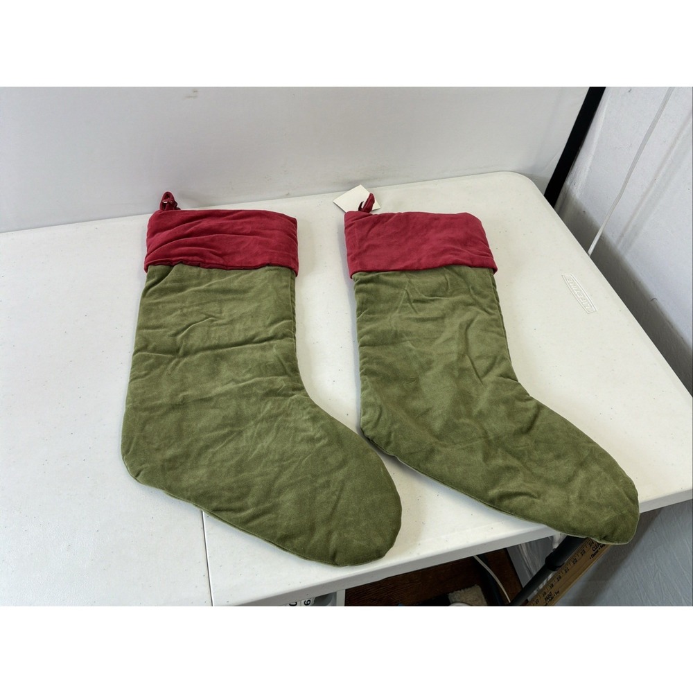 New Lot of 2 Pottery Barn Basic Velvet Christmas Stocking Green w Red Cuff